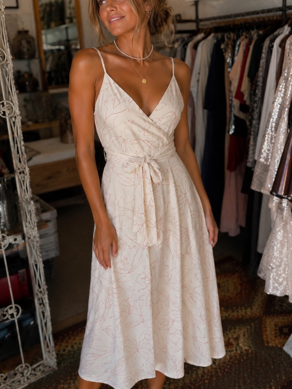 Sleeveless Cream Floral Wrap Midi Dress with Tie Waist